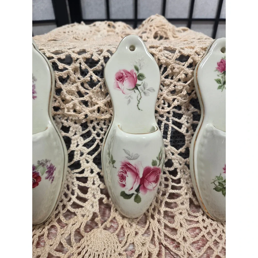 Vintage Floral Ceramic Shoe Wall Pockets Set of 3 Porcelain Slipper Vases Pink